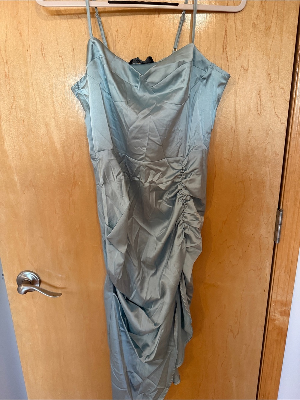 Cider Satin Ruched Spaghetti Strap Dress in Light Blue